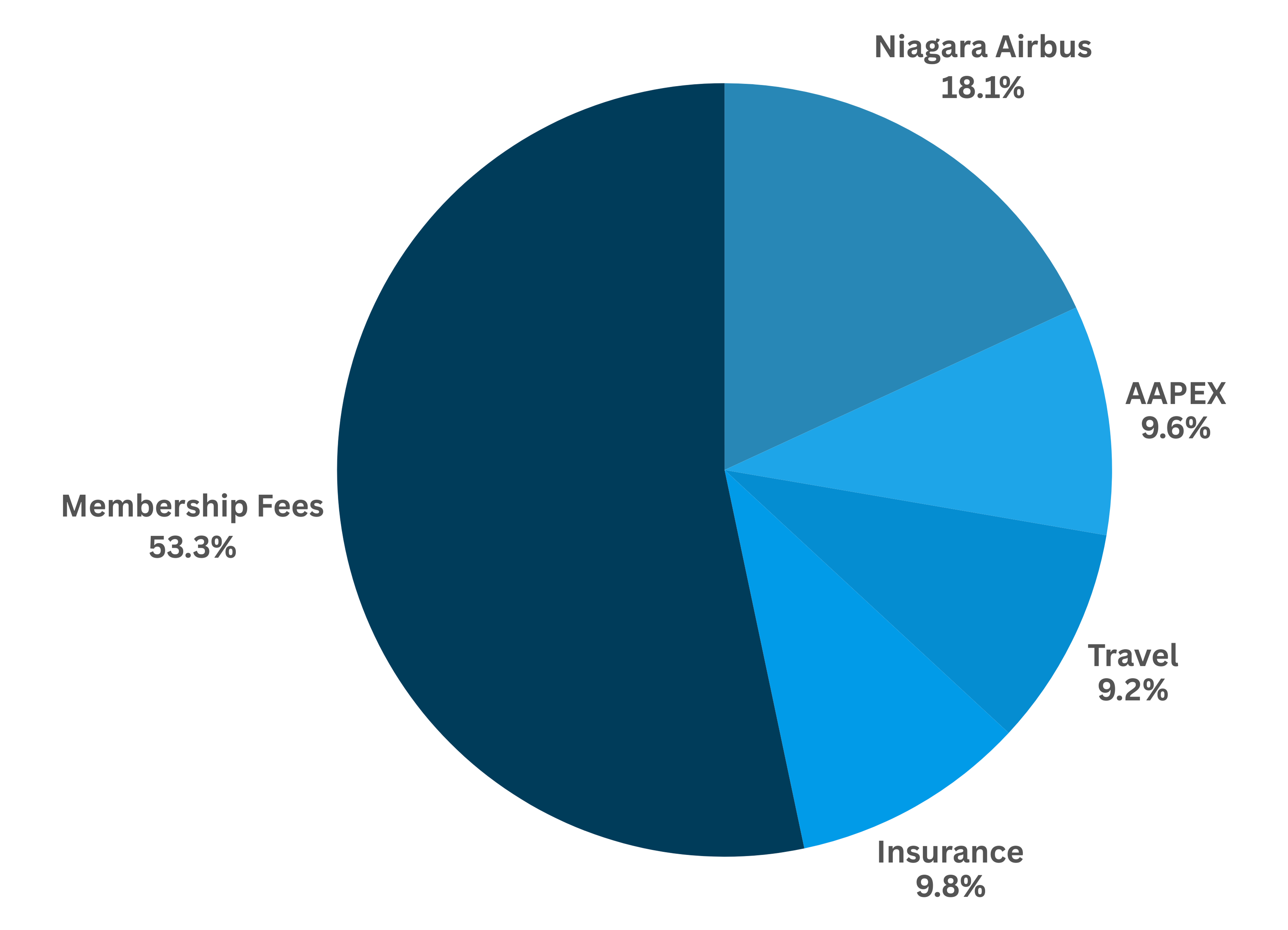CAA Niagara Total Revenue Pie Chart showing membership fees, insurance, Niagara Airbus, AAPEX and travel revenue breakdown